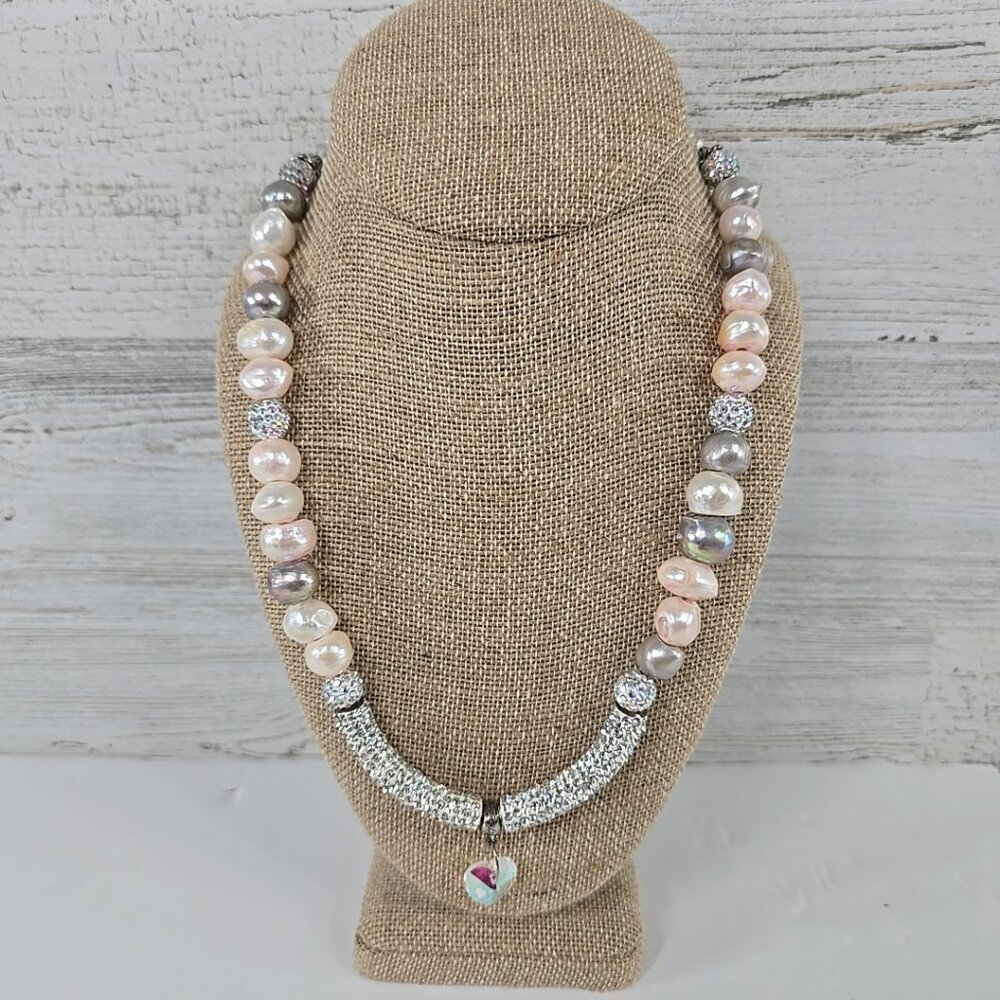 Multicolor Pearl & Crystal Statement Necklace –Iridescent Heart (21 in length)..